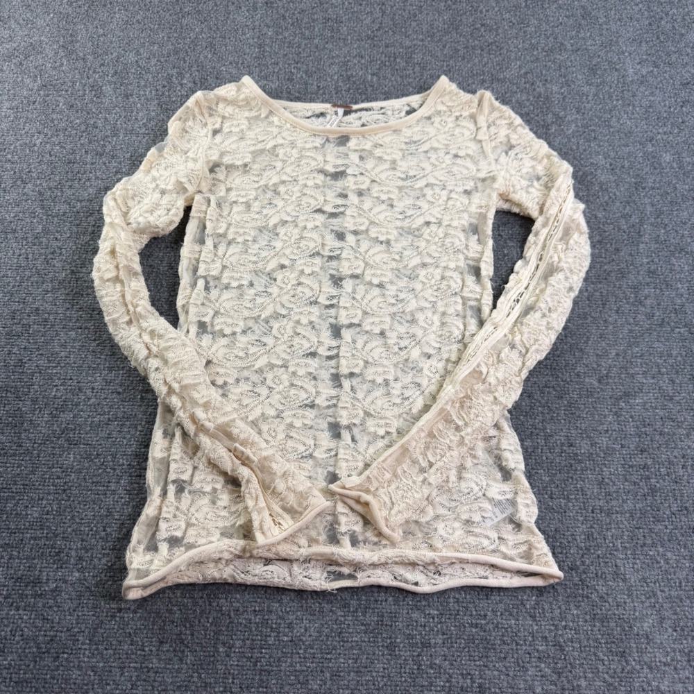 Free People Lace Top XS Ivory Long Sleeve Sheer Floral Mesh Pullover Womens